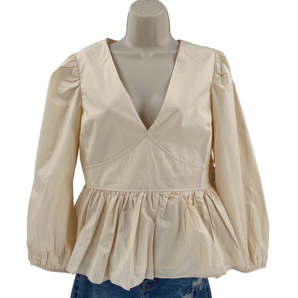 Hyacinth House | NEW Tan Puff Sleeve V Neck Elaine Blouse Top Size M - Picture 4 of 11